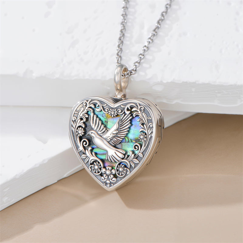 Sterling Silver Abalone Shell Personalized Photo Engraved Heart Cat Pigeon Paw Prints Urn Necklace for Ashes