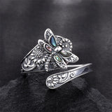 Sterling Silver Vintage Abalone Shell Dragonfly Sunflower Spoon Ring and Turquoise Dragonfly Earrings Set