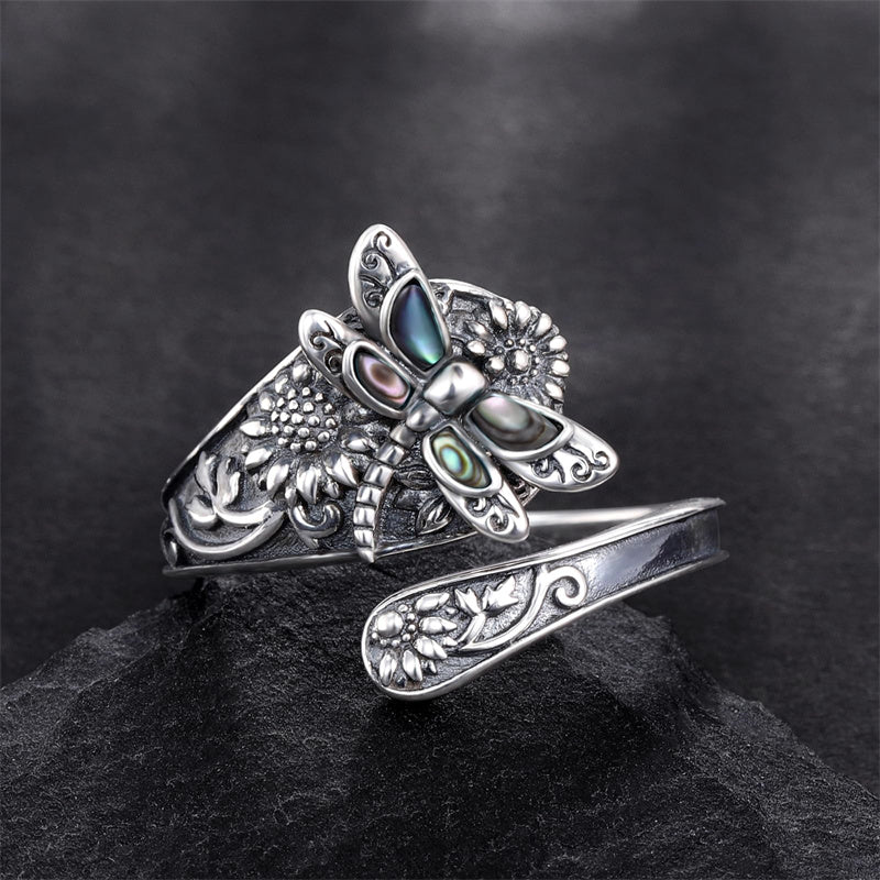 Sterling Silver Vintage Abalone Shell Dragonfly Sunflower Spoon Ring and Turquoise Dragonfly Earrings Set