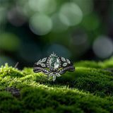 Sterling Silver 10K 14K 18K Gold  Personalized  Engraved Pear Kite Round Cut Moss Agate Engagement Ring Set