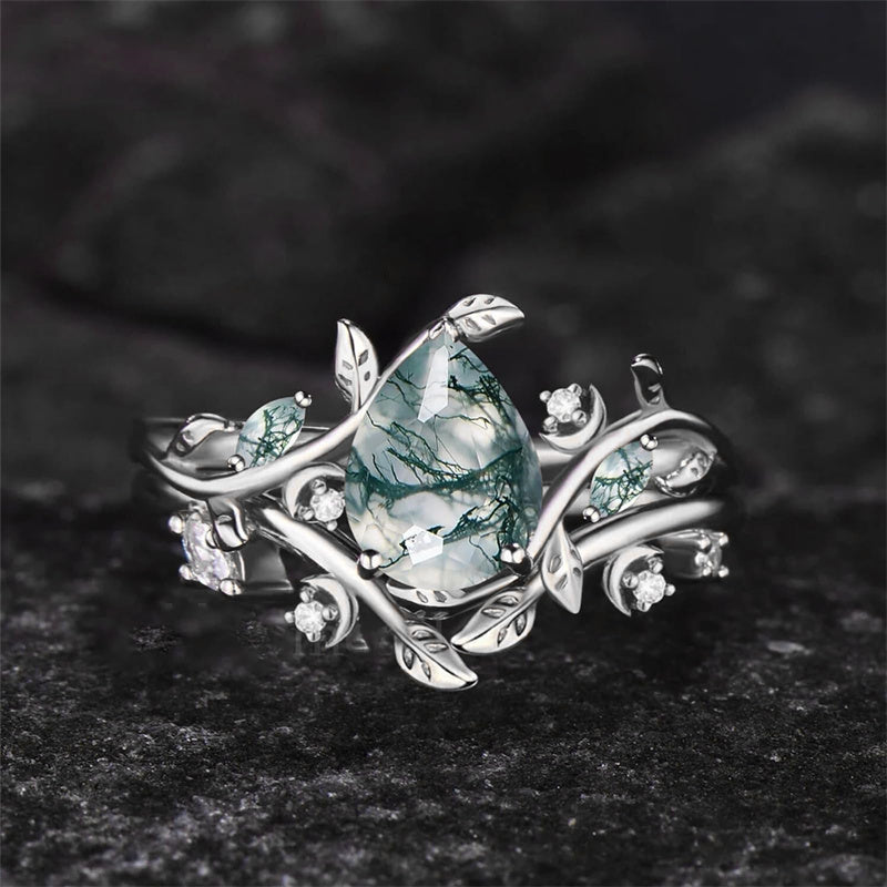 Sterling Silver Pear Natural Moss Agate Engagement Ring Set Wedding Ring