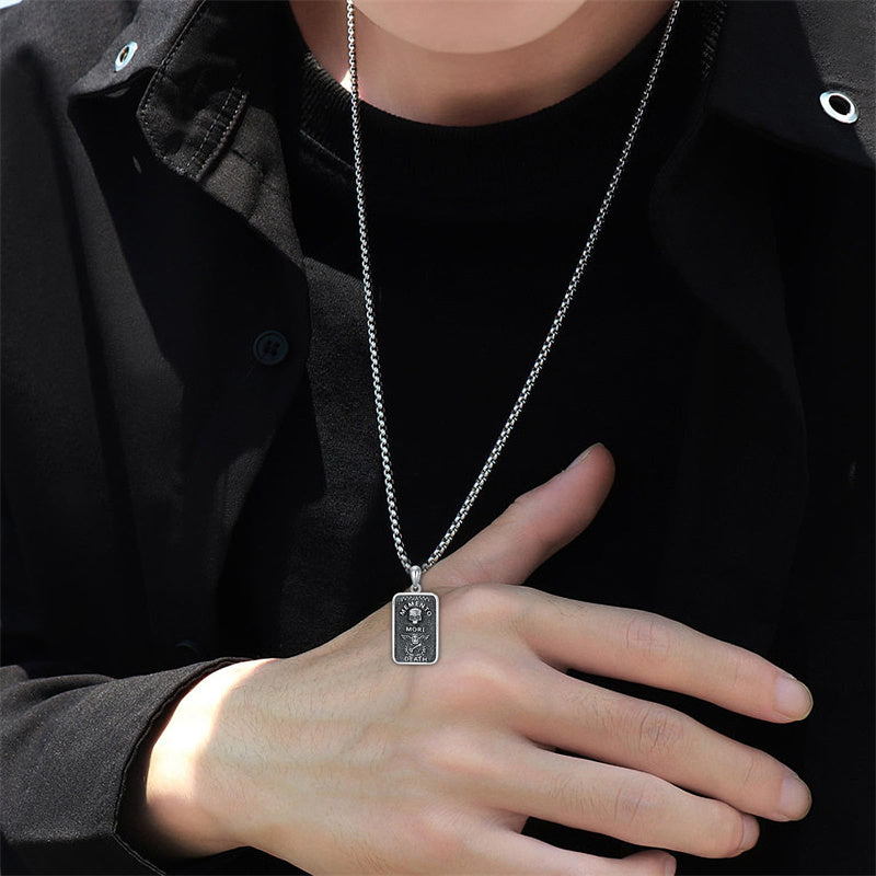 Sterling Silver Memento Mori Gothic Skull Amulet Pendant Necklace for Men