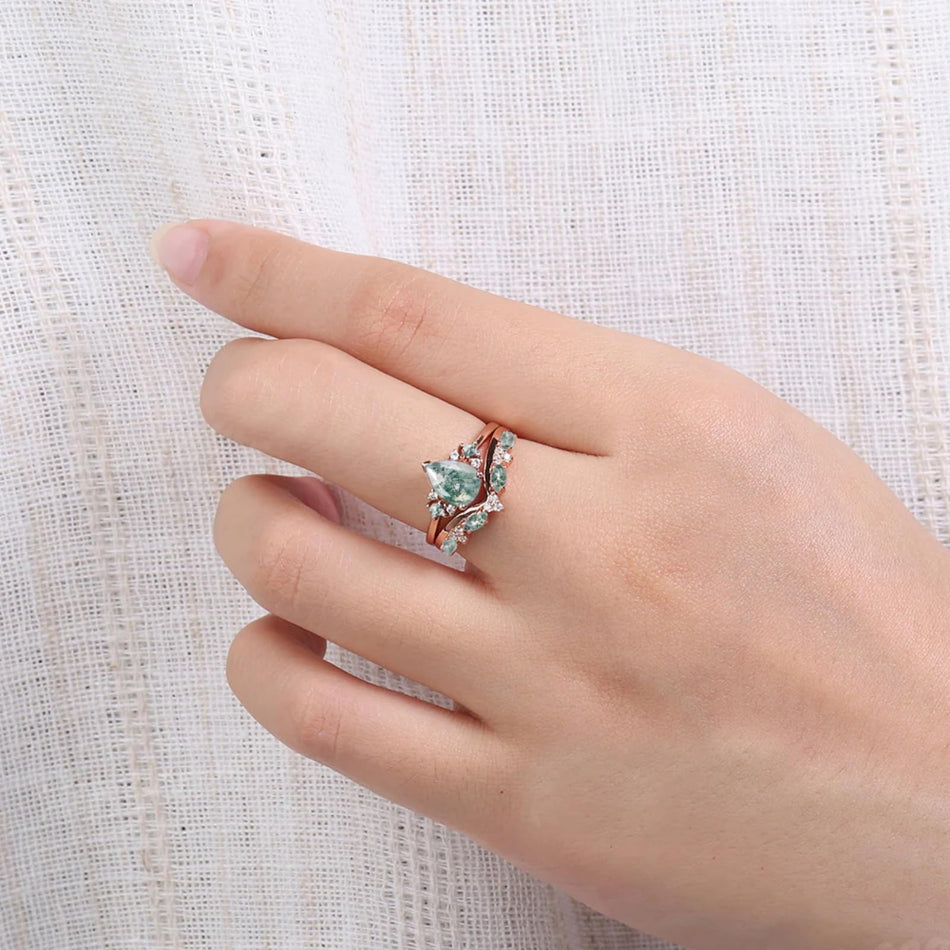 Sterling Silver 10K 14K 18K Gold  Personalized  Engraved Natural Moss Agate Engagement Bridal Wedding Ring Set
