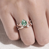 Sterling Silver 10K 14K 18K Gold  Personalized  Engraved Natural Moss Agate Engagement Bridal Wedding Ring Set