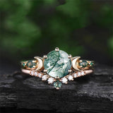Sterling Silver 10K 14K 18K Gold 2CT Natural Moss Agate Engagement Ring Set