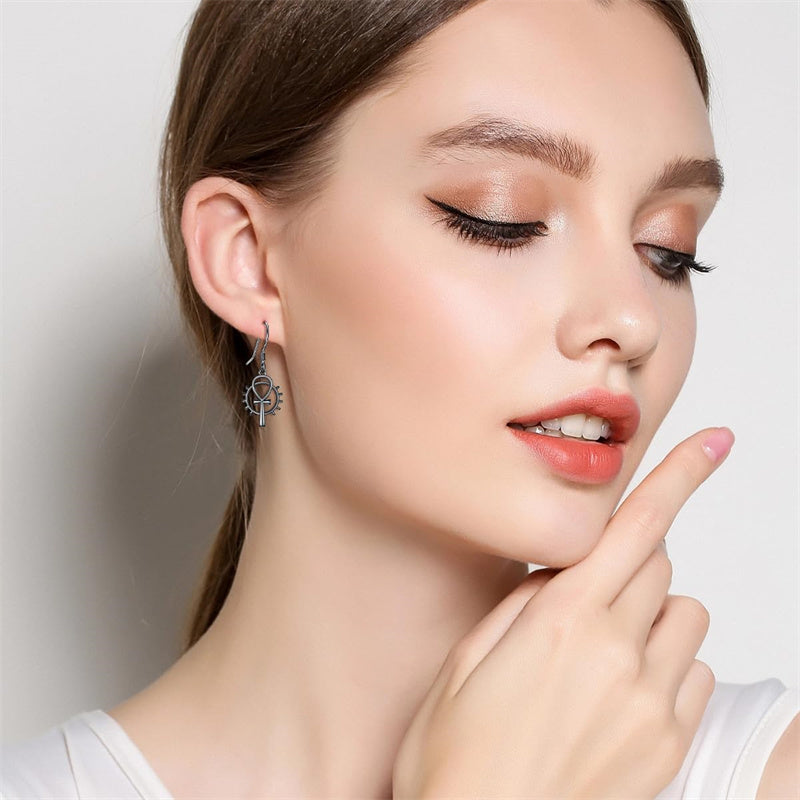 Sterling Silver Medieval Sword Dangle Cross Knives  Ankh Drop Earrings