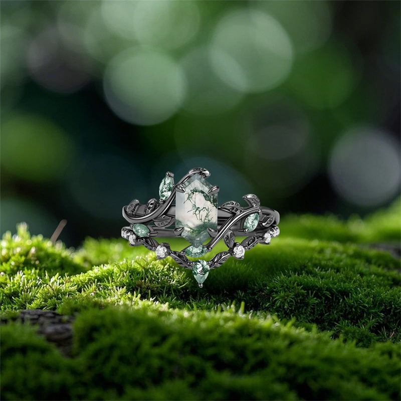 Sterling Silver 10K 14K 18K Gold  Personalized  Engraved Pear Kite Round Cut Moss Agate Engagement Ring Set