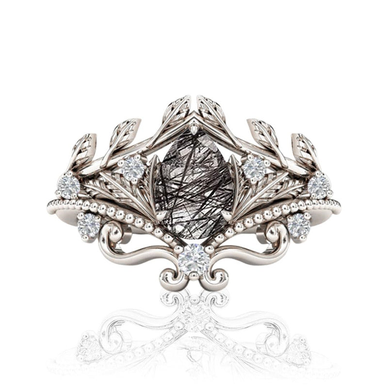 Sterling Silver 10K 14K 18K Personalized Engraved 2CT Natural Black Rutilated Quartz Engagement Ring Set