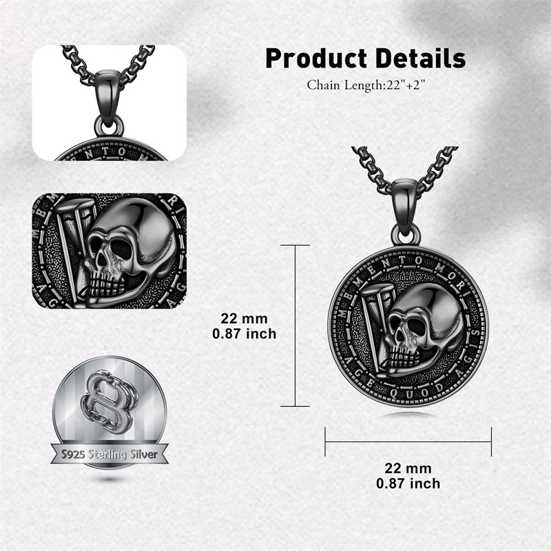 Sterling Silver Memento Mori Gothic Skull Amulet Pendant Necklace for Men