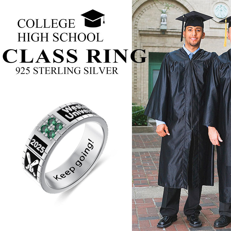 Sterling Silver Personalized Birthstone Engraved Pattern Class Band Ring For Men