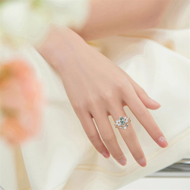 Sterling Silver Personalized  Engraved  Oval Cut Moss Agate Engagement Wedding Ring Set for Women