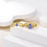 Sterling Silver 10K 14K 18K Gold Pear Cut Gemstone Leaf  Engagement Ring Set