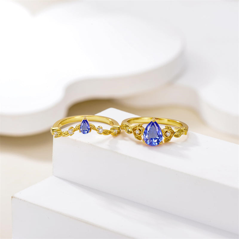 Sterling Silver 10K 14K 18K Gold Pear Cut Gemstone Leaf  Engagement Ring Set