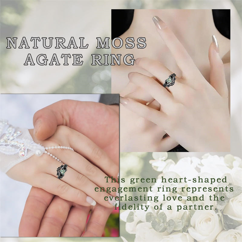 Sterling Silver Black Heart Moss Agate Engagement Wedding Ring Set for Women