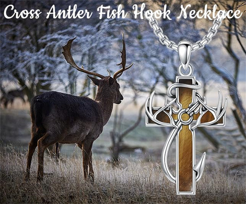 Sterling Silver Fish Hook Cross Pendant Necklace for Men