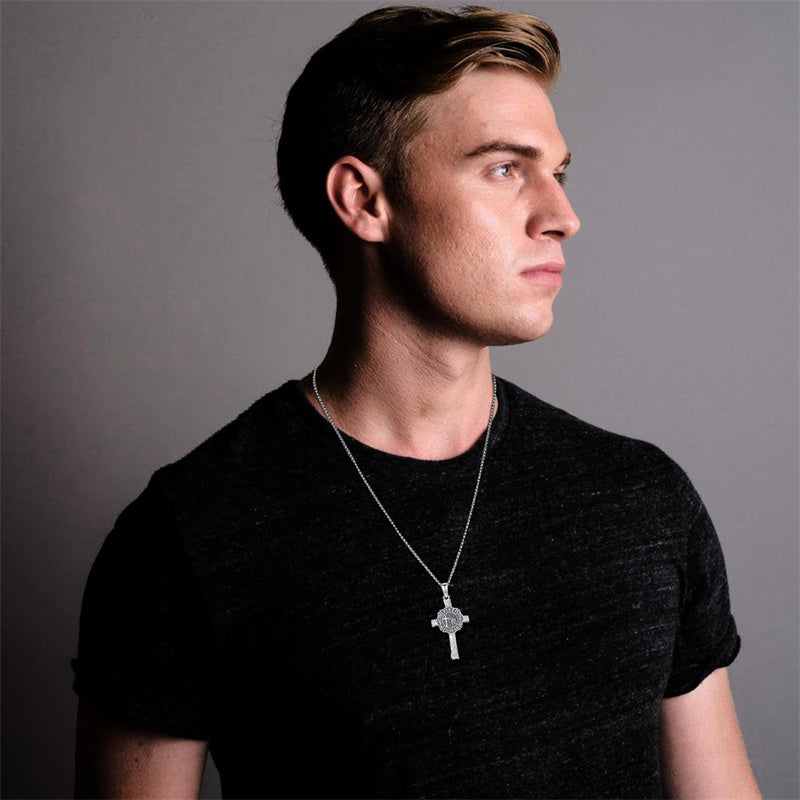 Sterling Silver Firefighter & Cross Pendant Necklace  for Men