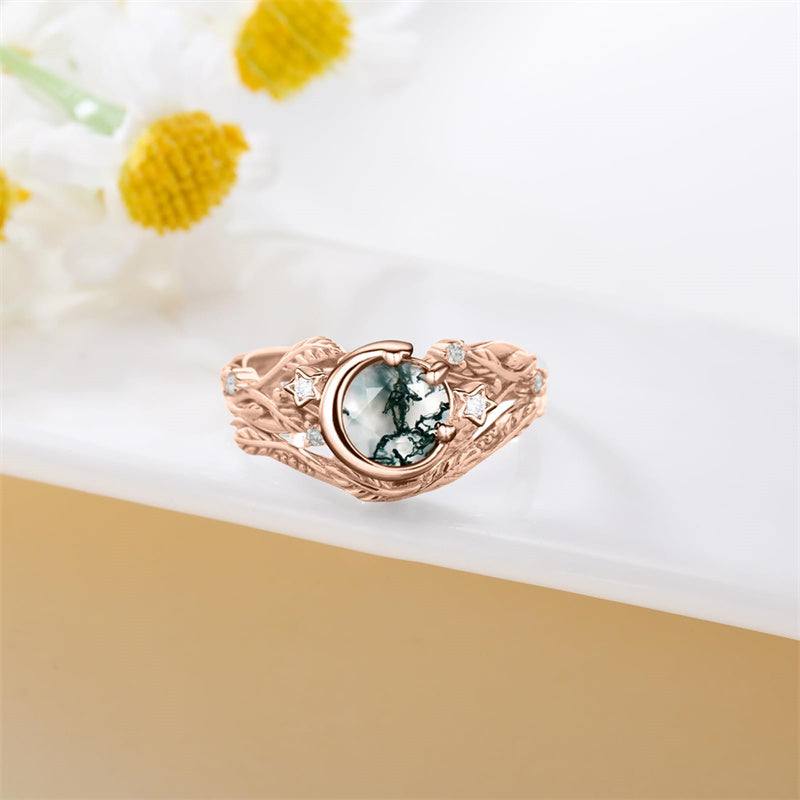 Sterling Silver Personalized  Engraved  Round Cut Moss Agate Engagement Wedding Ring Set for Women