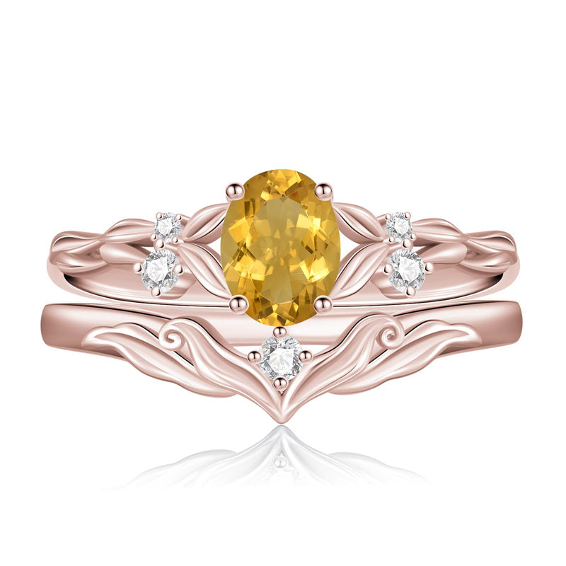 Sterling Silver 10K 14K 18K Gold  Oval Cut Unique Vine Gemstone Wedding Ring Set