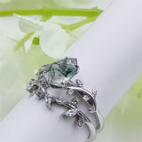 Sterling Silver Pear Kite Round Oval Cut Natural Moss Agate Leaf Engagement Wedding Promise Ring Set
