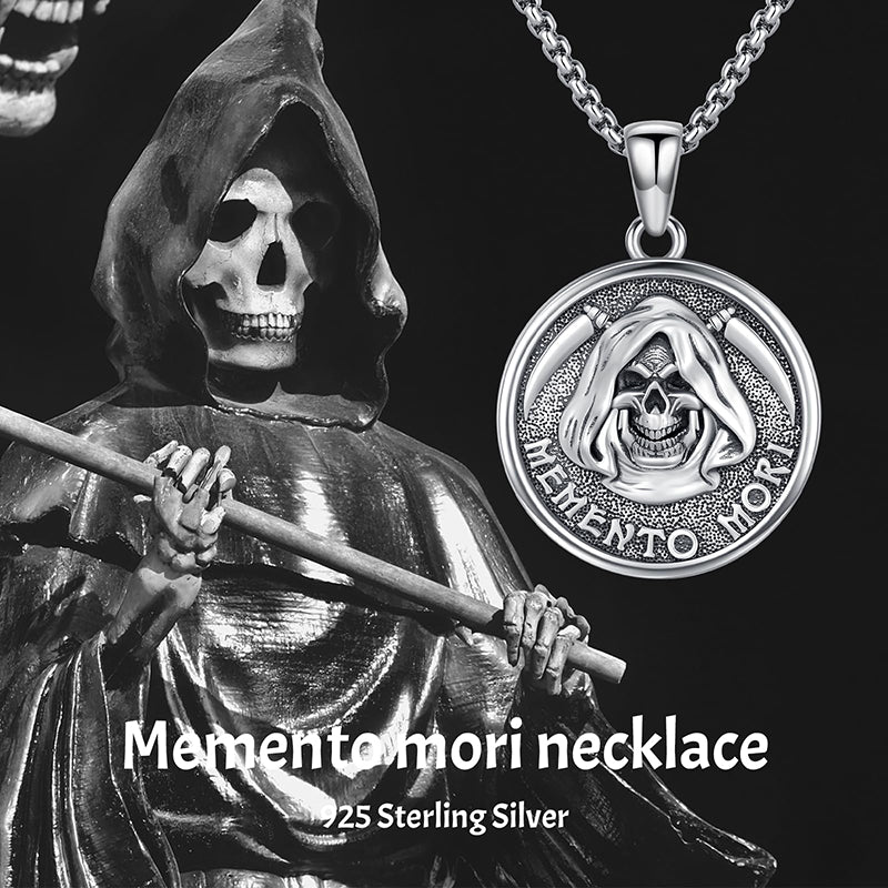 Sterling Silver Memento Mori Gothic Skull Amulet Pendant Necklace for Men