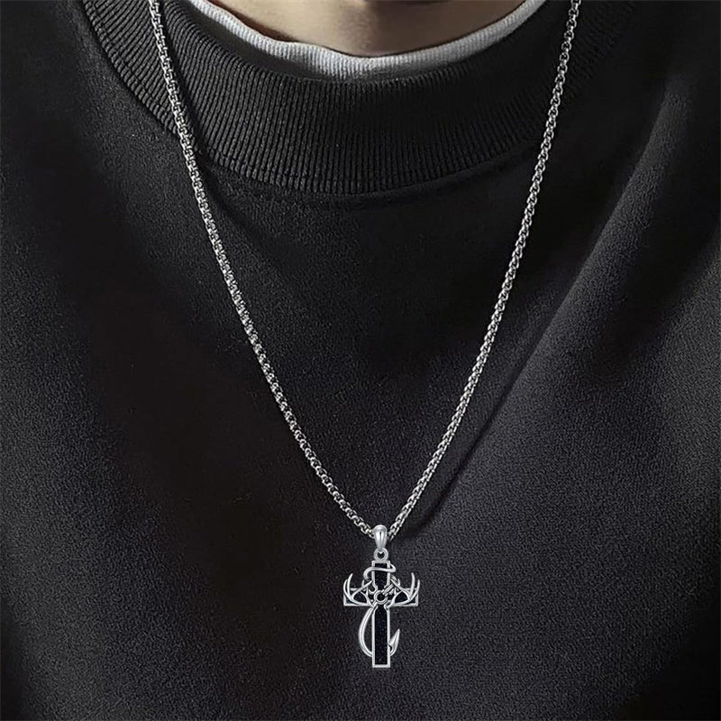 Sterling Silver Fish Hook Cross Pendant Necklace for Men