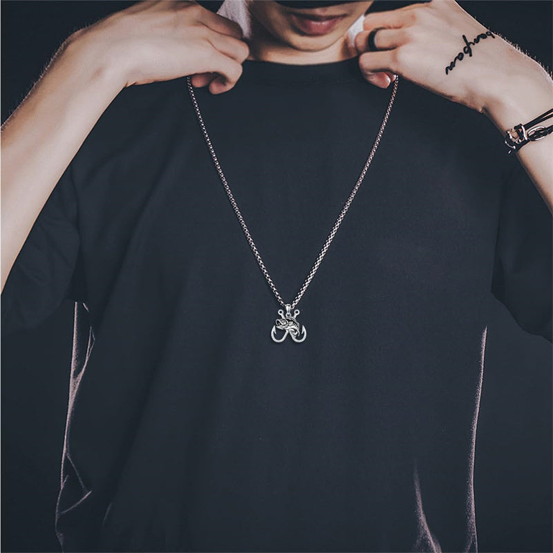 Sterling Silver Antler Fish Hook Pendant Necklace for Men
