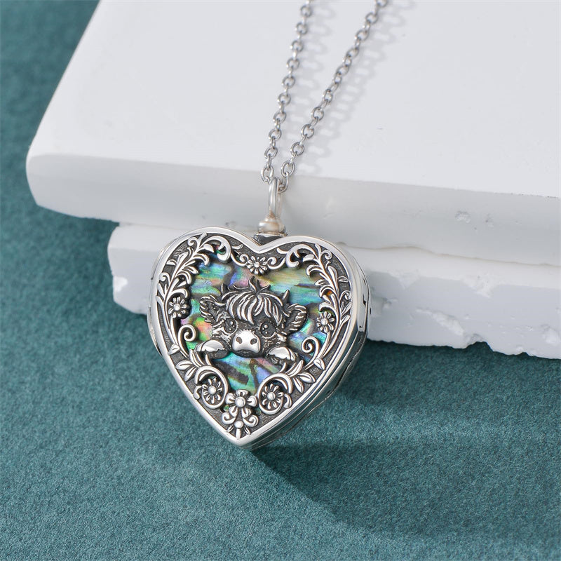 Sterling Silver Heart Abalone Shell Personalized Highland Cow Urn Necklace for Ashes