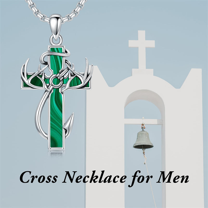 Sterling Silver Fish Hook Cross Pendant Necklace for Men