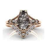 Sterling Silver 10K 14K 18K Personalized Engraved 2CT Natural Black Rutilated Quartz Engagement Ring Set