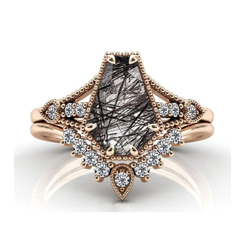Sterling Silver 10K 14K 18K Personalized Engraved 2CT Natural Black Rutilated Quartz Engagement Ring Set