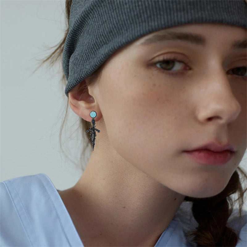 Sterling Silver Medieval Sword Dangle Cross Knives  Ankh Drop Earrings