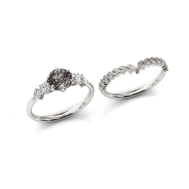 Sterling Silver 10K 14K 18K Personalized Engraved 2CT Natural Black Rutilated Quartz Engagement Ring Set