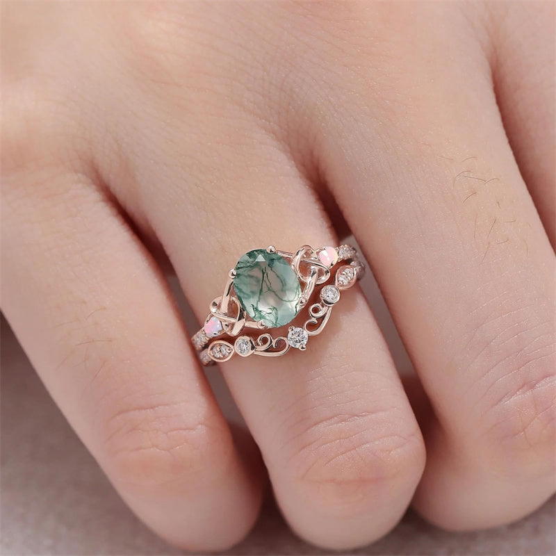 Sterling Silver 10K 14K 18K Gold  Personalized  Engraved Natural Moss Agate Engagement Bridal Wedding Ring Set