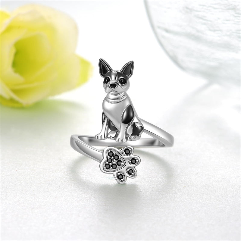 Sterling Silver Black Pug Doberman Boston Terrier Beagle Adjustable Ring