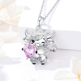 Sterling Silver Heart  Birthstone Highland Cow Pendant Necklace