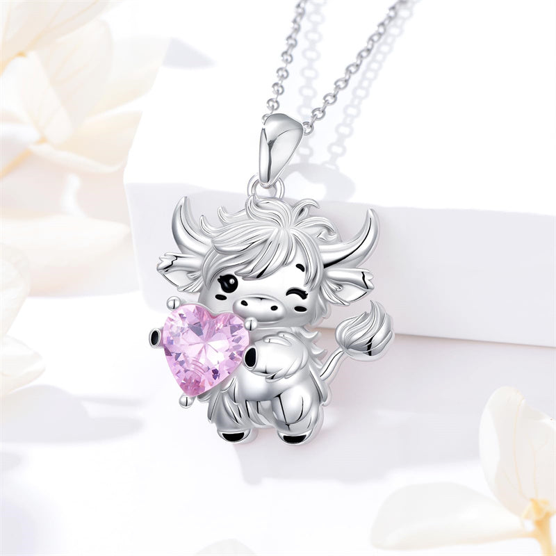 Sterling Silver Heart  Birthstone Highland Cow Pendant Necklace