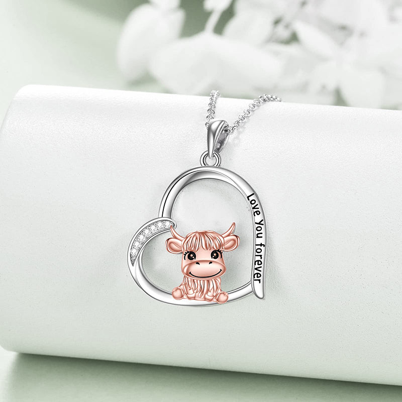 Sterling Silver Heart Highland Cow Pendant Necklace