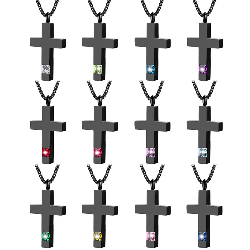 Stainless Steel Birthstones Cross Urn Necklaces for Ashes