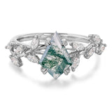 Sterling Silver 10K 14K 18K 2CT Natural Moss Agate Leaf Engagement Wedding Promise Rings Set