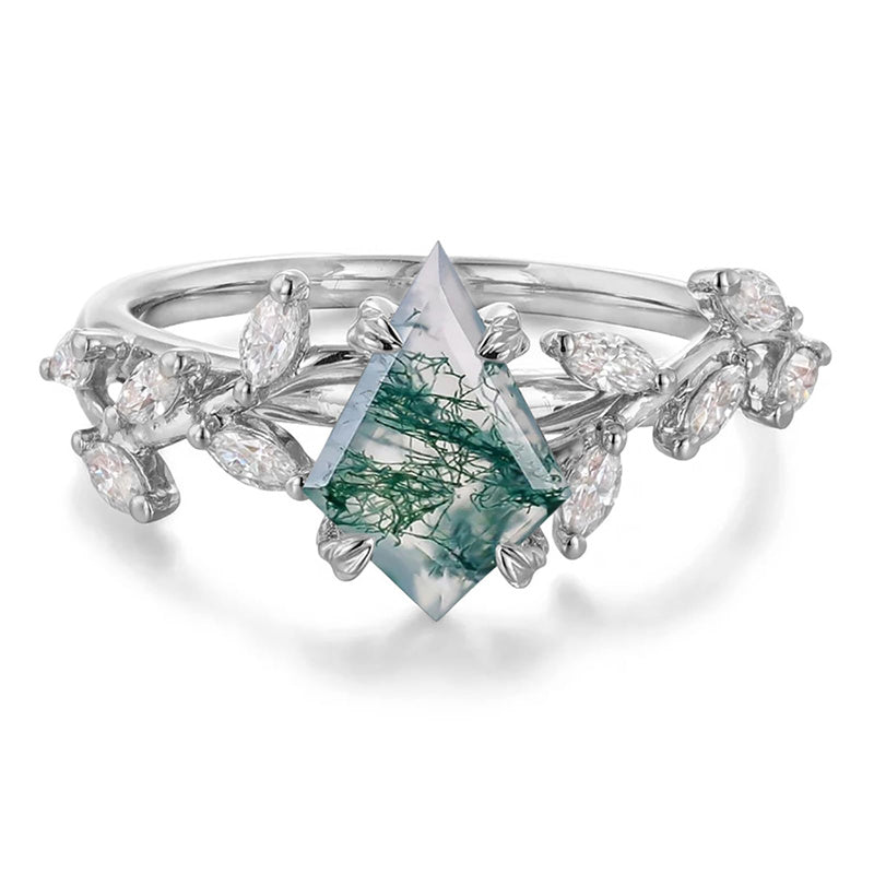 Sterling Silver 10K 14K 18K 2CT Natural Moss Agate Leaf Engagement Wedding Promise Rings Set