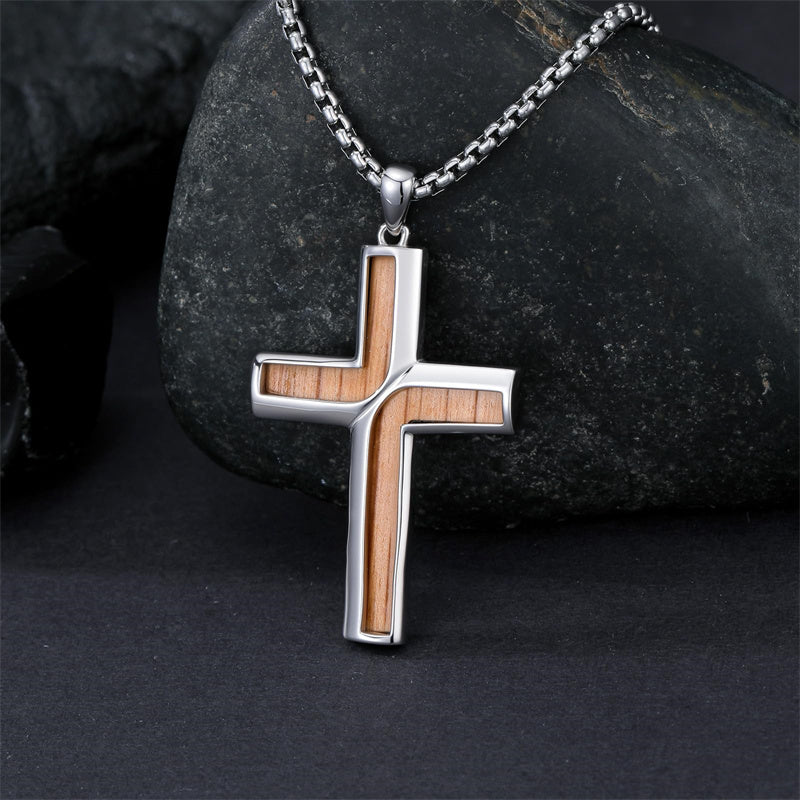 Sterling Silver Wooden Cross Pendant Necklace