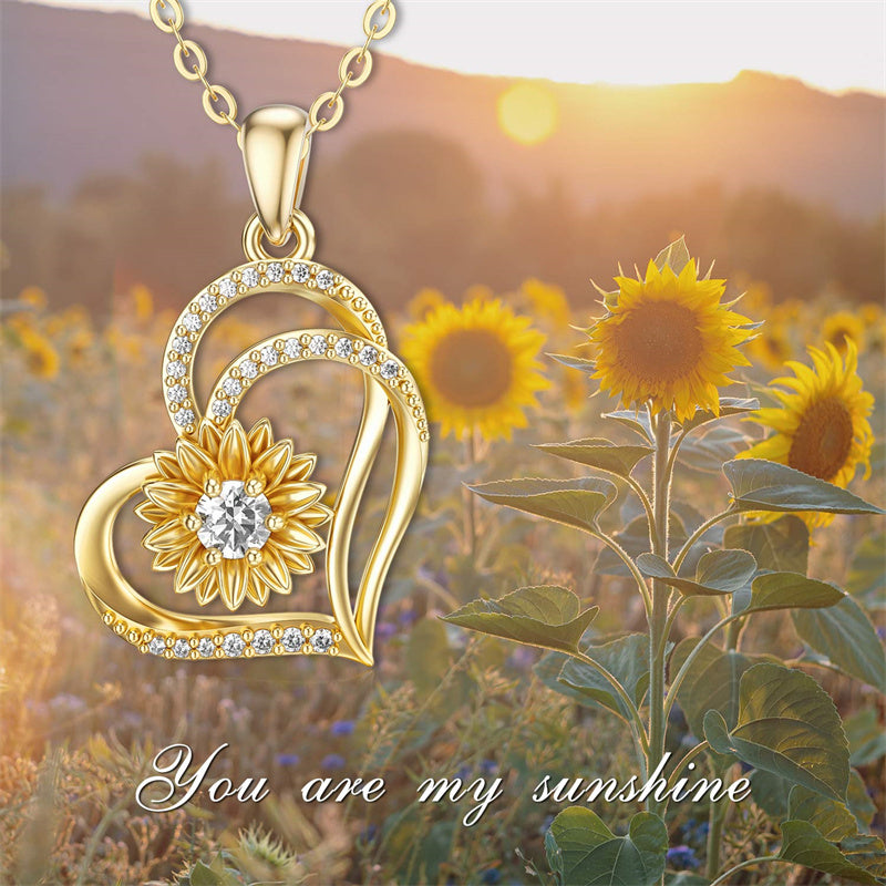 14K Gold Sunflower Heart Pendant Necklace