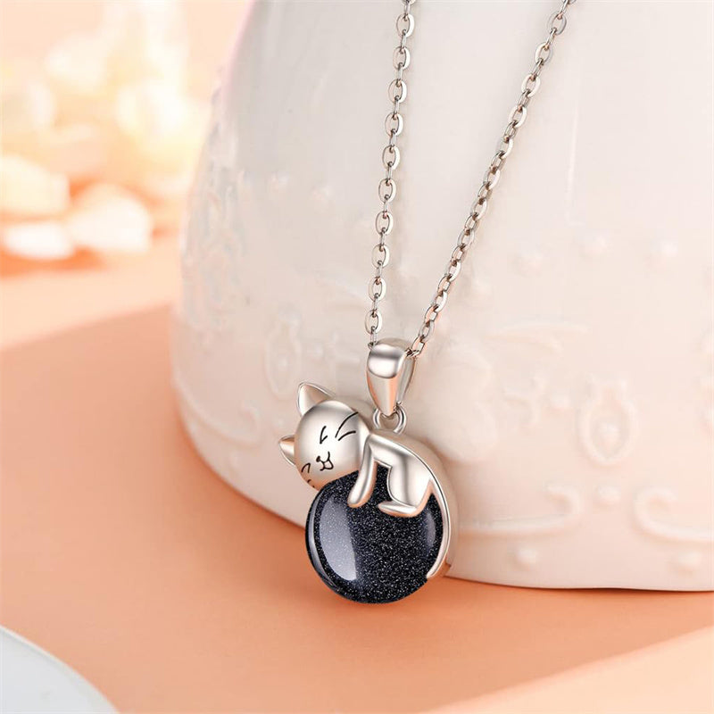 Sterling Silver Turquoise Larimar Labradorite Moss Agate Blue Sandstone  Cat Pendant Necklace