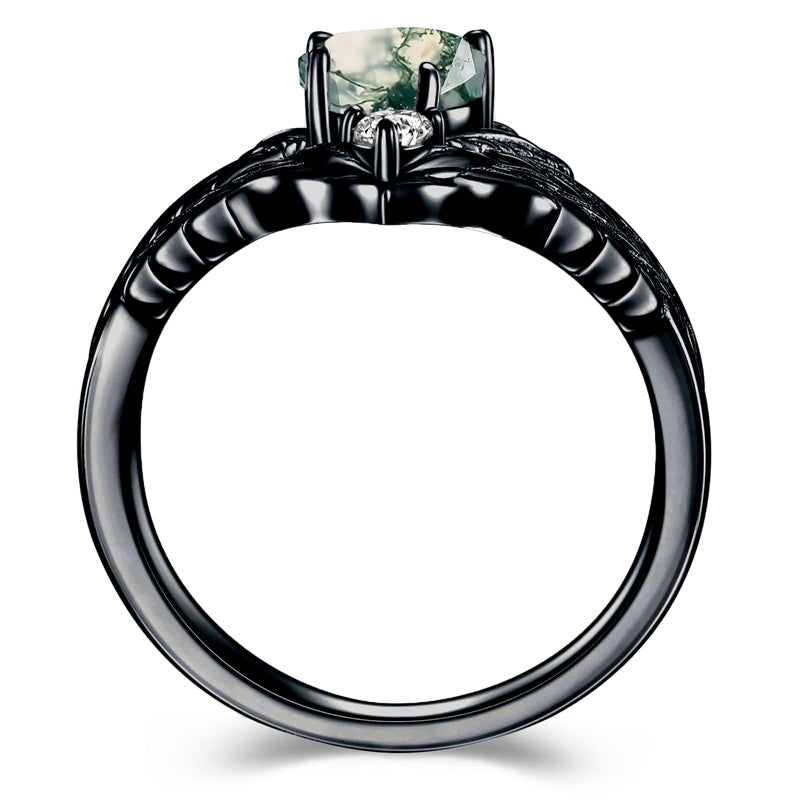 Sterling Silver Black Natural Moss Agate Engagement Ring Wedding Promise Ring Set
