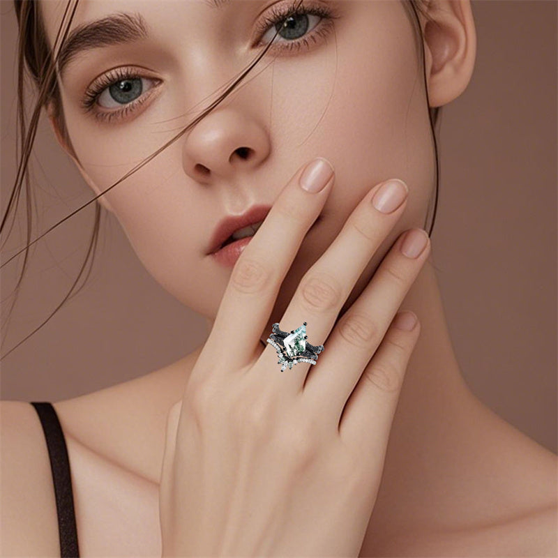 Sterling Silver Personalized Engraved  Kite Cut Moss Agate Engagement Wedding Ring Set for Women