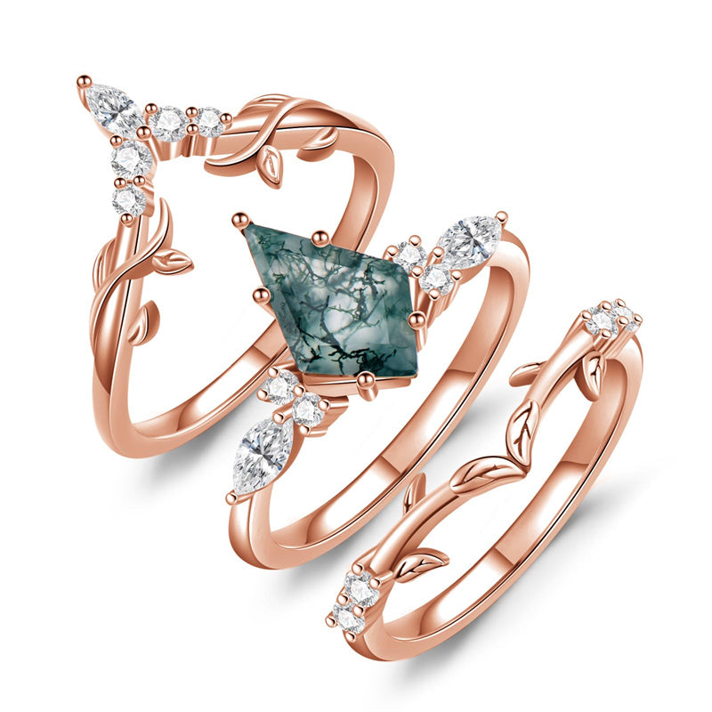 Sterling Silver 10K 14K 18K Gold  Personalized Engraved Natural Moss Agate Rings