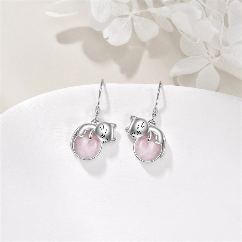Sterling Silver Rose Quartz Birthstone Cat Dangle Earrings