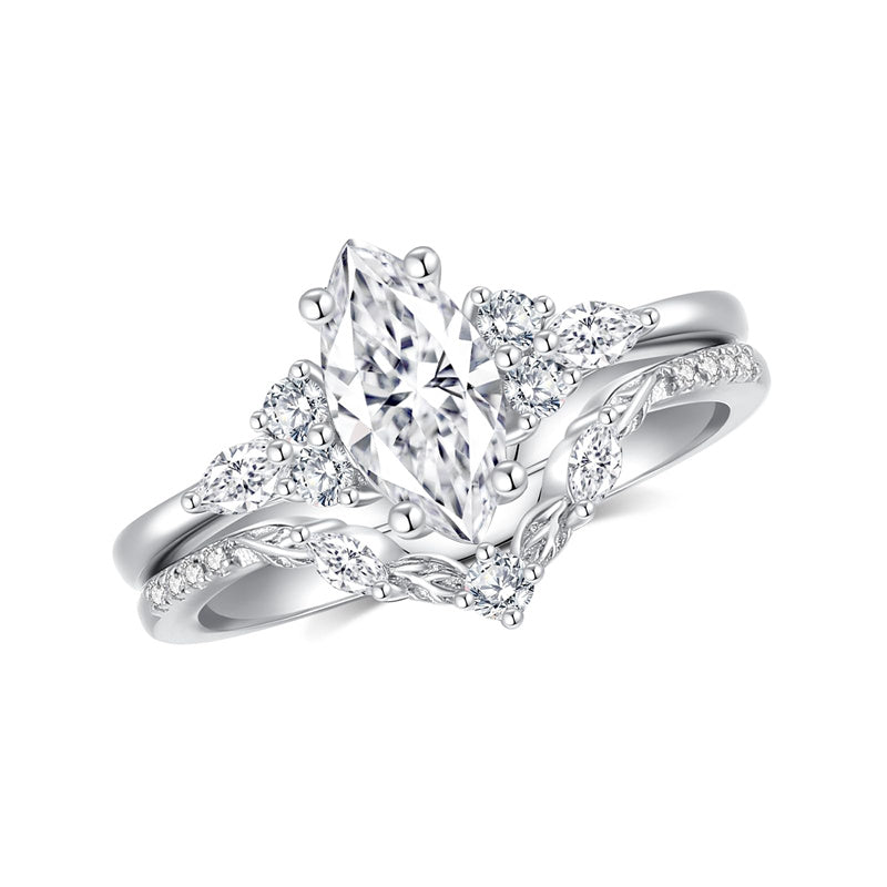 Sterling Silver Moissanite Vintage Petals Leaves Engagement Ring Set