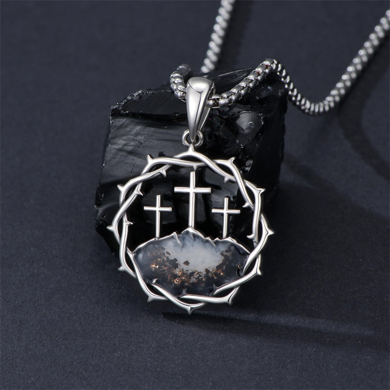 Sterling Silver Crown of Thorns Crucifix Cross Pendant Necklace for Men