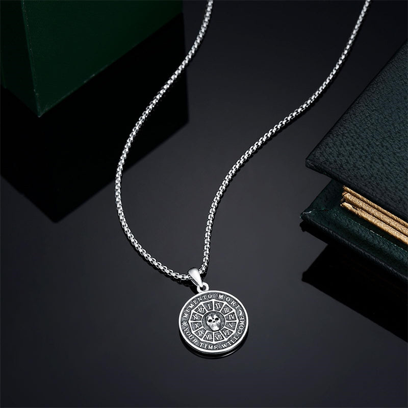 Sterling Silver Memento Mori Skull Pendant Necklace